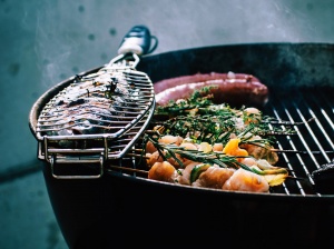 BBQ grill with fish and veggies